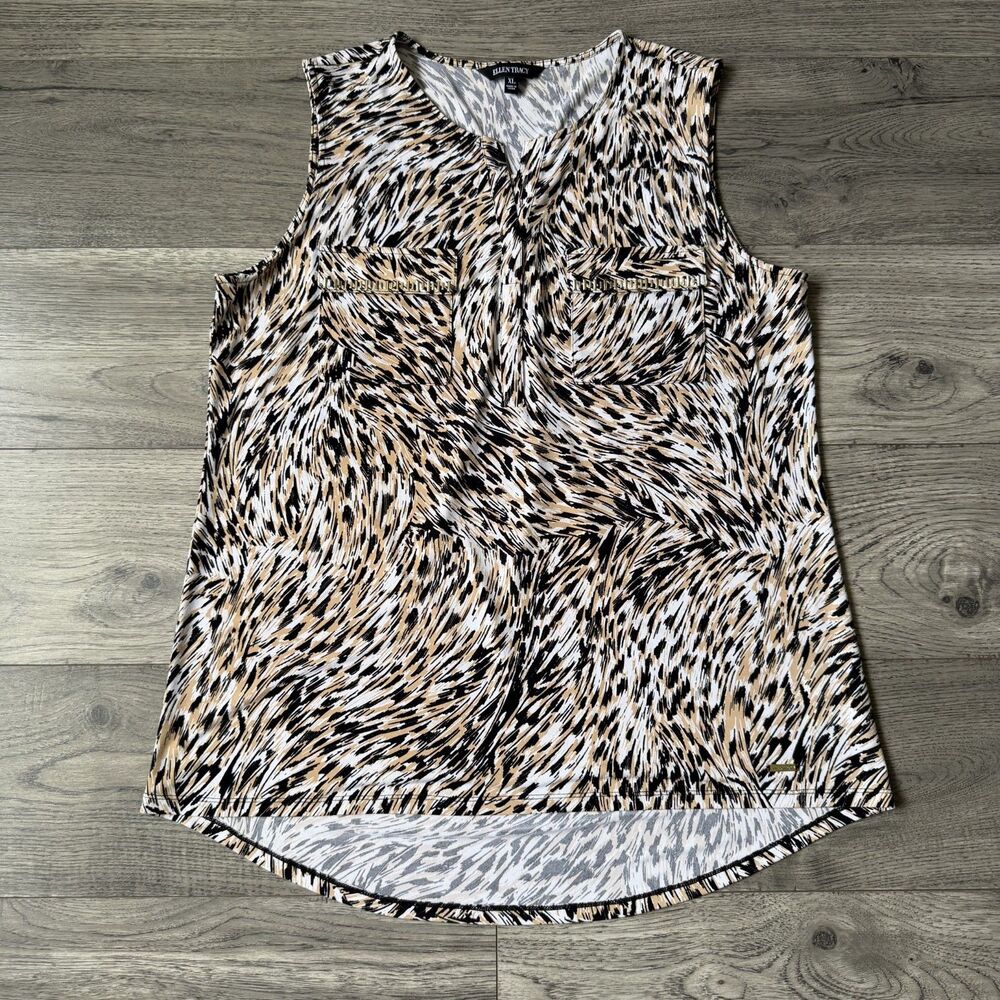 Ellen Tracy Animal Print Sleeveless Blouse Neutral Tan Black Gold Accent Size XL